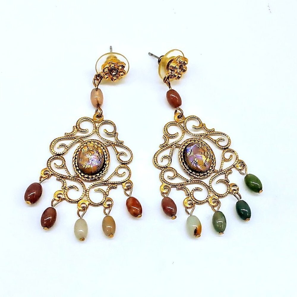 Vintage Boho Multicolor Stone Gold Wire Drop Pierced Earrings